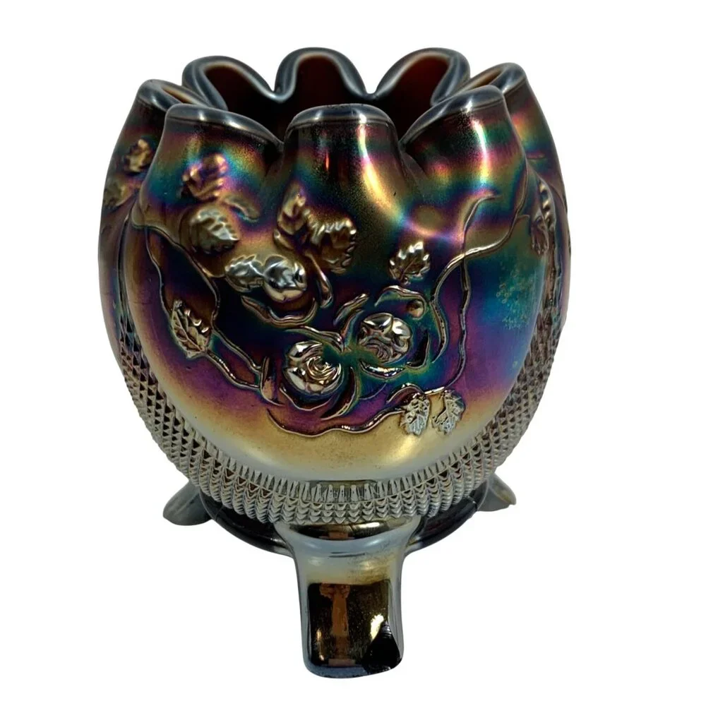 Northwood Rosebowl Fine Cut Roses Crimped Bowl Iridescent Carnival Glass Vase